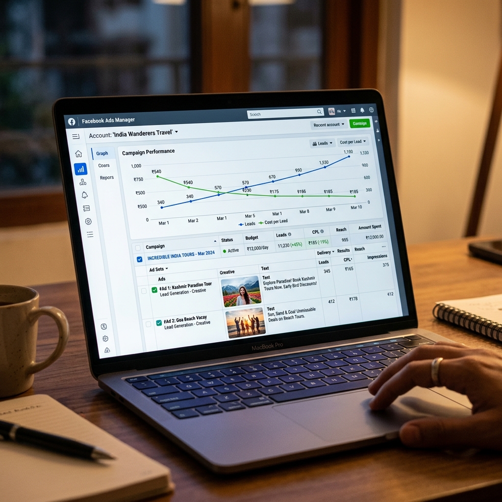 Facebook Ads Manager results for travel agency campaign
